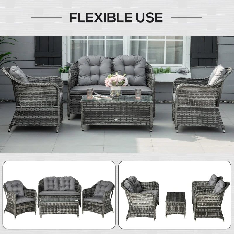 4 Pieces Outdoor PE Rattan Sofa Set with Glass Top Coffee Table, Mixed Grey