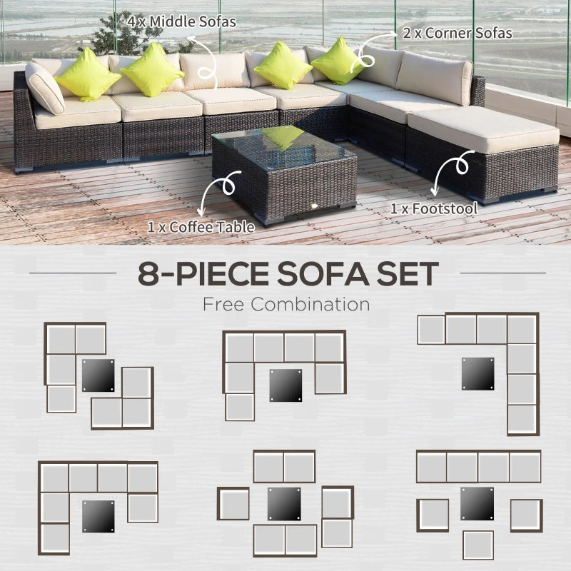 Mixed Brown 8 Piece Rattan Corner Sofa Set with Thick Cushions and Glass Top Table