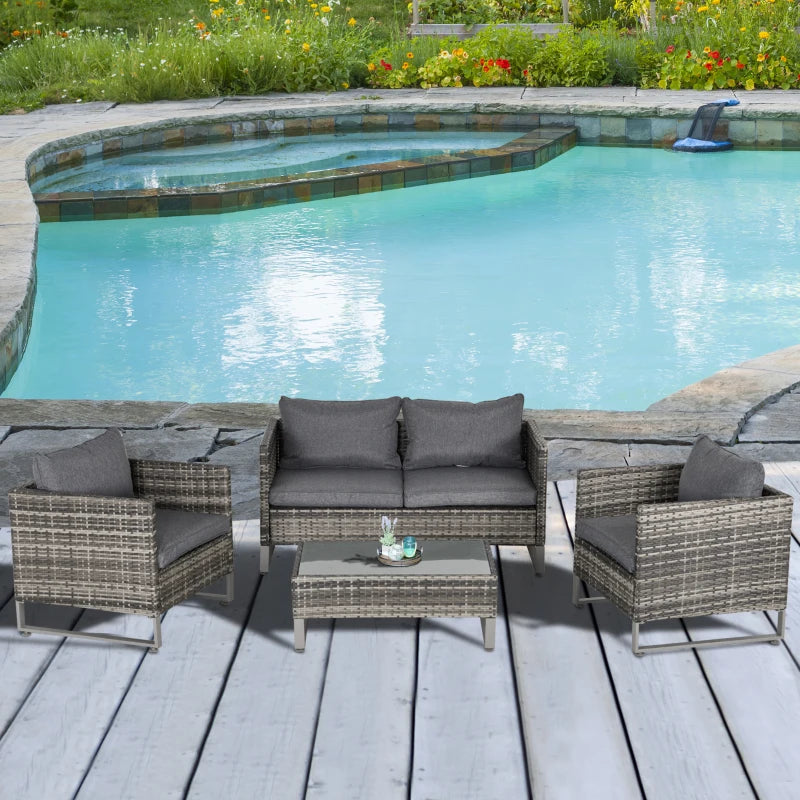 Dark Grey 4 Piece Rattan Sofa Set With Armchairs, Loveseat and Glass Top Coffee Table