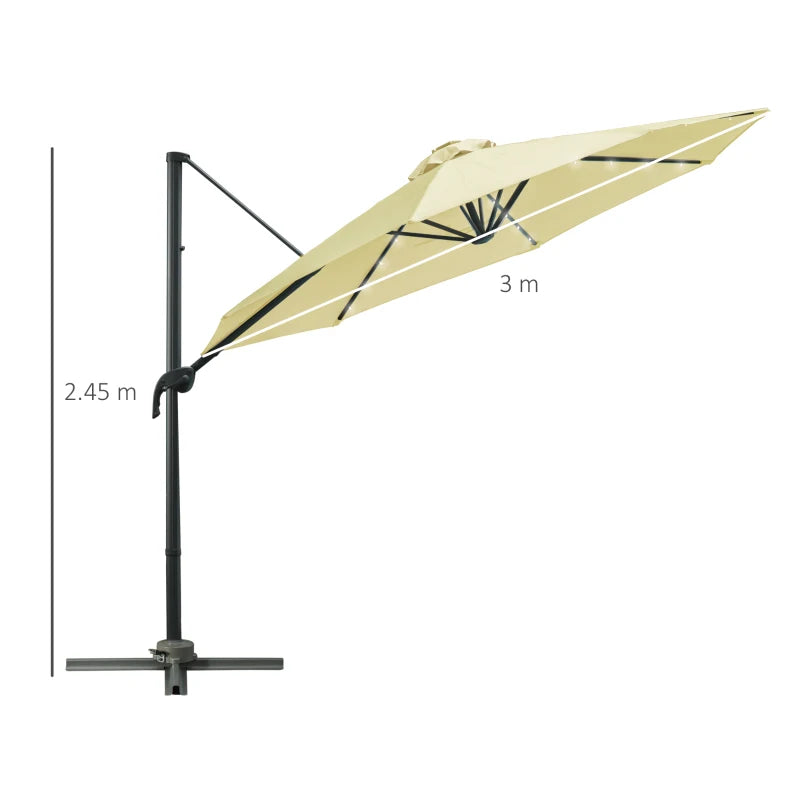 3m x 2.45m Beige Adjustable Cantilever Parasol With LED Lights