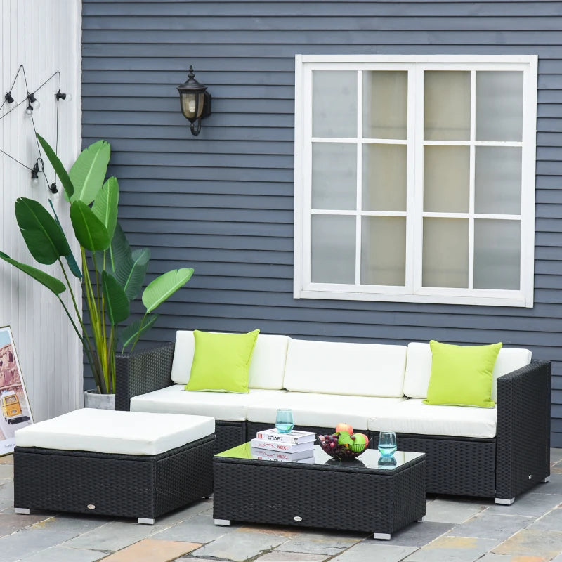 Black 4-Seater Rattan Sofa Set With Coffee Table and Cushion Pillows