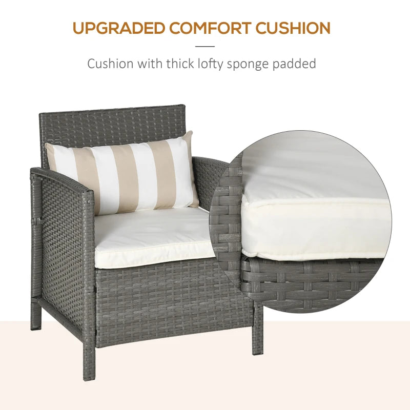 Light Grey Rattan Bistro Set With Cushions and Striped Pillows, Plus Glass Top Table