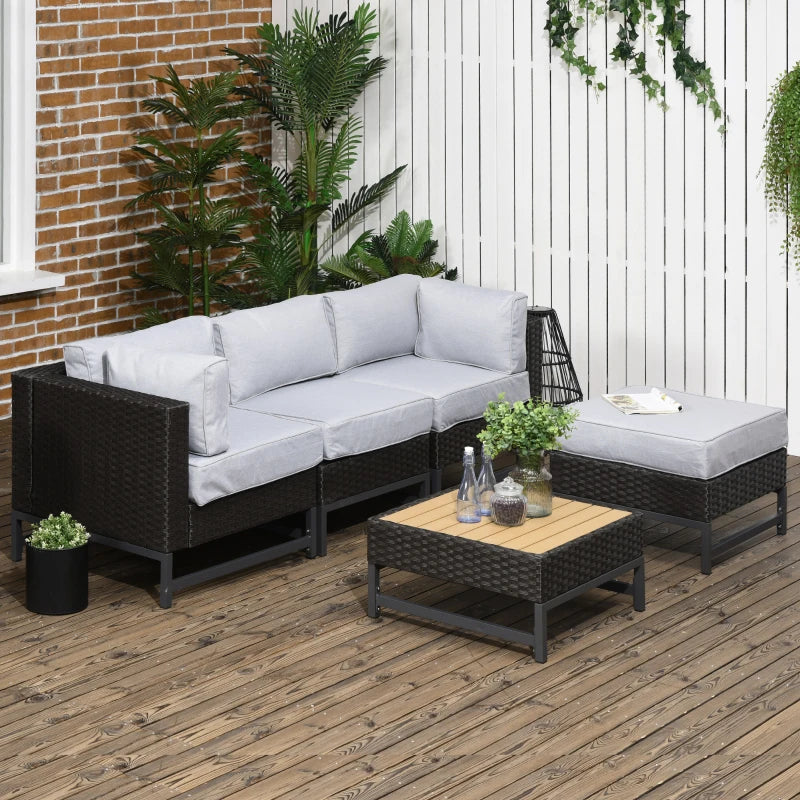 Brown 3 Seater Rattan Sofa with Cushions and Wood-Effect Top Table