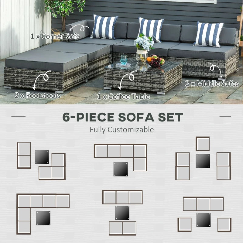 6 Piece Rattan Sofa & Coffee Table Set With Grey Pillow Cushions