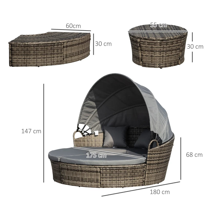 Dark Grey Round Rattan Daybed with Retractable Canopy and Coffee Table