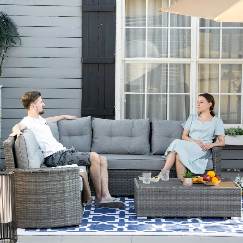 Grey 4 Seater Rattan Corner Sofa Set With Padded Cushions & Topper Coffee Table