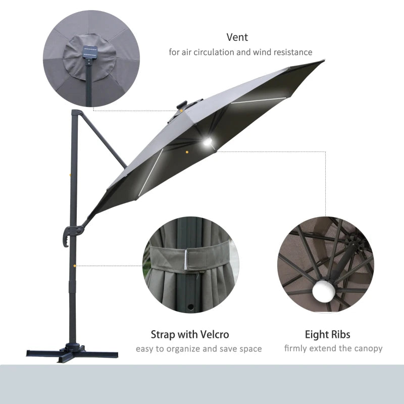 2.55H x 2.92m Grey Cantilever Parasol With Solar Powered LED Lights