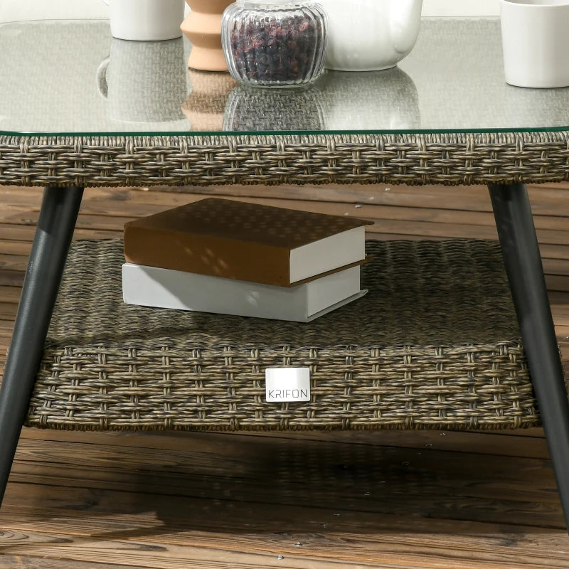 6-Seater Rattan Corner Sofa With Rounded Edges And Tempered Glass Two-tier Table