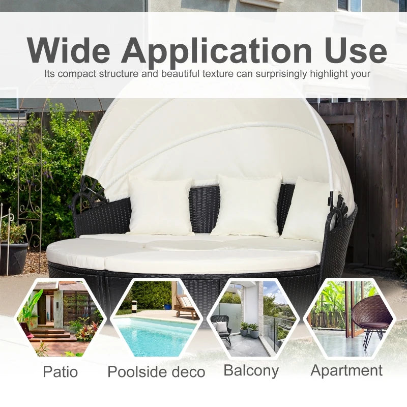 Black Five-Piece Rattan Garden Bed With Canopy And Cream Cushions