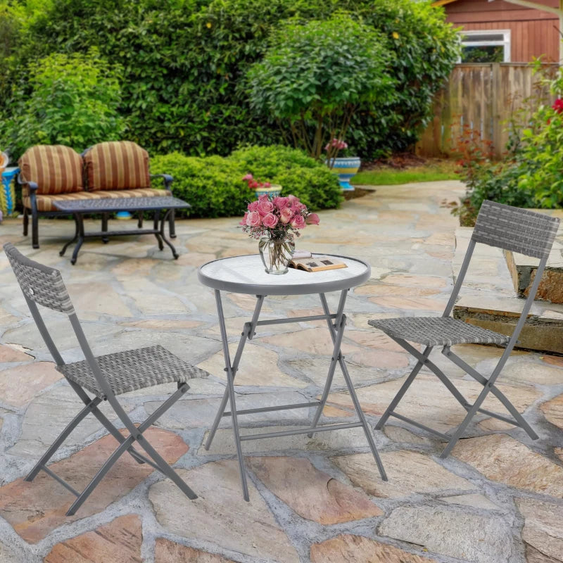 Light Grey Rattan Bistro Set With Foldable Table and Chairs