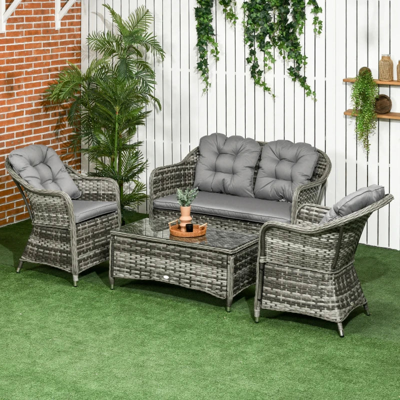 Grey 4 Piece Rattan Furniture Set With Glass Top Coffee Table