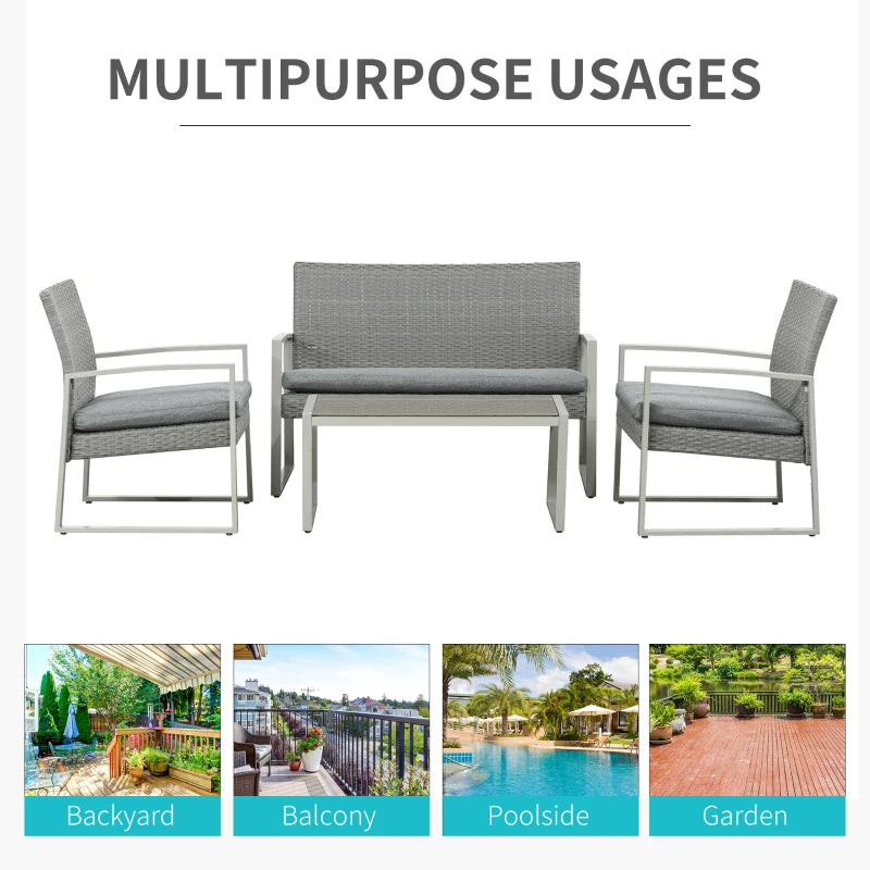 Dark Grey Single Rattan Sofa Arm Chairs and 1 Bench with Cushions & Coffee Table