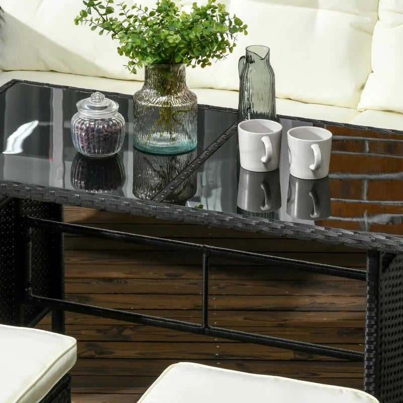 Black 6 Piece rattan Furniture Set - 2 Armchairs, 3-Seater Wicker Sofa, 2 Footstools and Glass Table