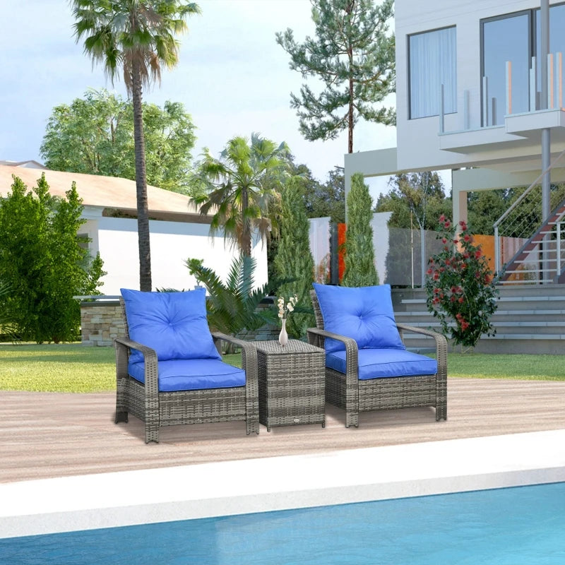 Blue 3 Piece Rattan Bistro Set With Storage