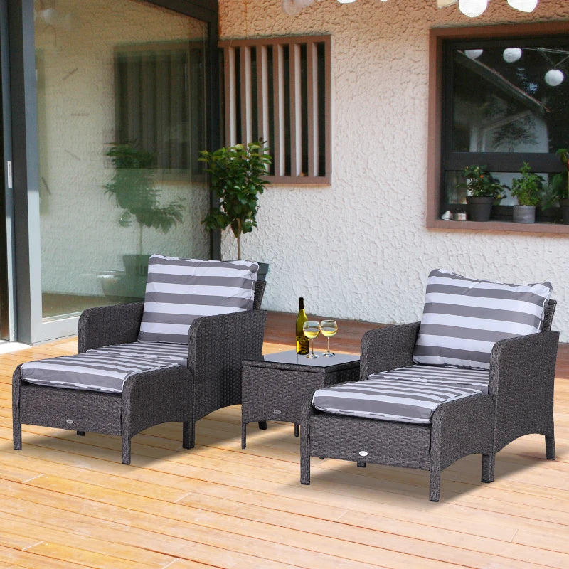 Dark Grey 5 Piece Rattan Set With 2 Armchairs, 2 Stool and Glass Top Table - Striped Grey Cushions
