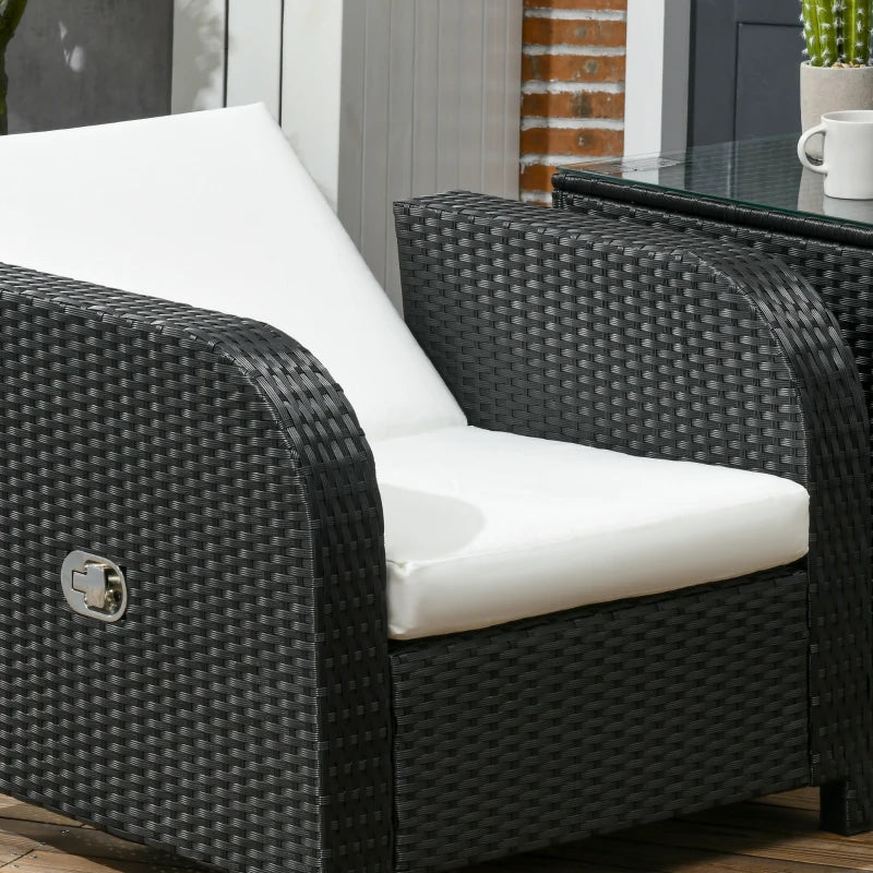 Black 7 Seater Rattan Furniture Set with Wicker Sofa, Reclining Armchair and Glass Table