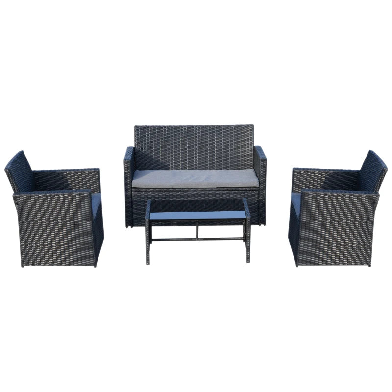 Black 4 Piece Rattan Furniture Set with Grey Cushions, 2 Armchairs and Dark Coffee Table