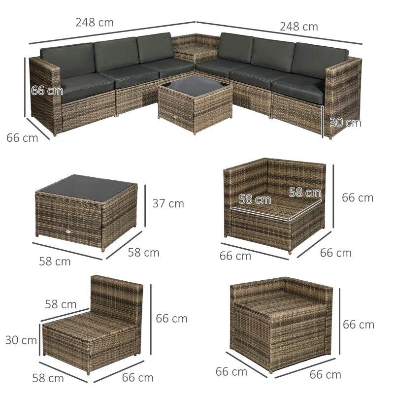 Brown 8 Piece Rattan Furniture Set with Cushions - x3 Two Seater Sofas With Table and Cushions