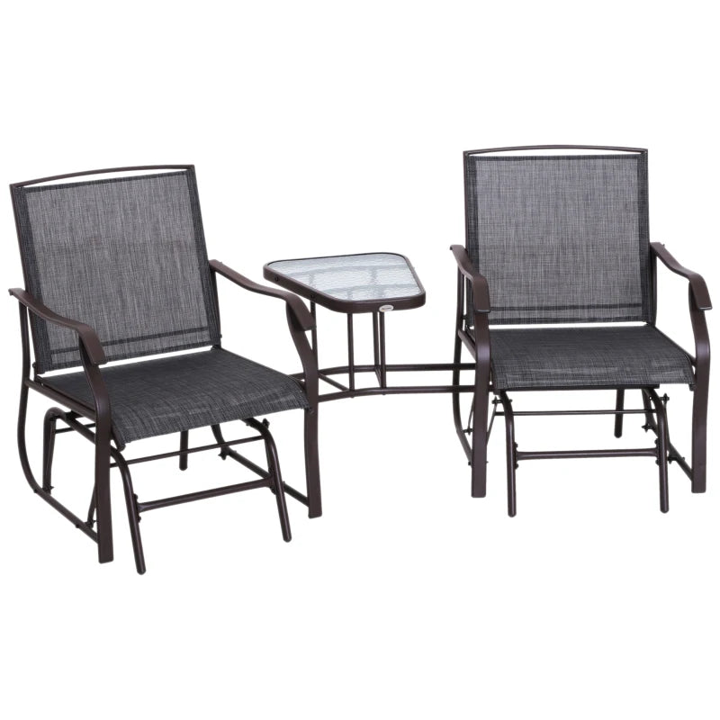 Pair of Rocking Chairs with Table & Breathable Mesh Fabric Seat - Brown Frame & Grey Mesh