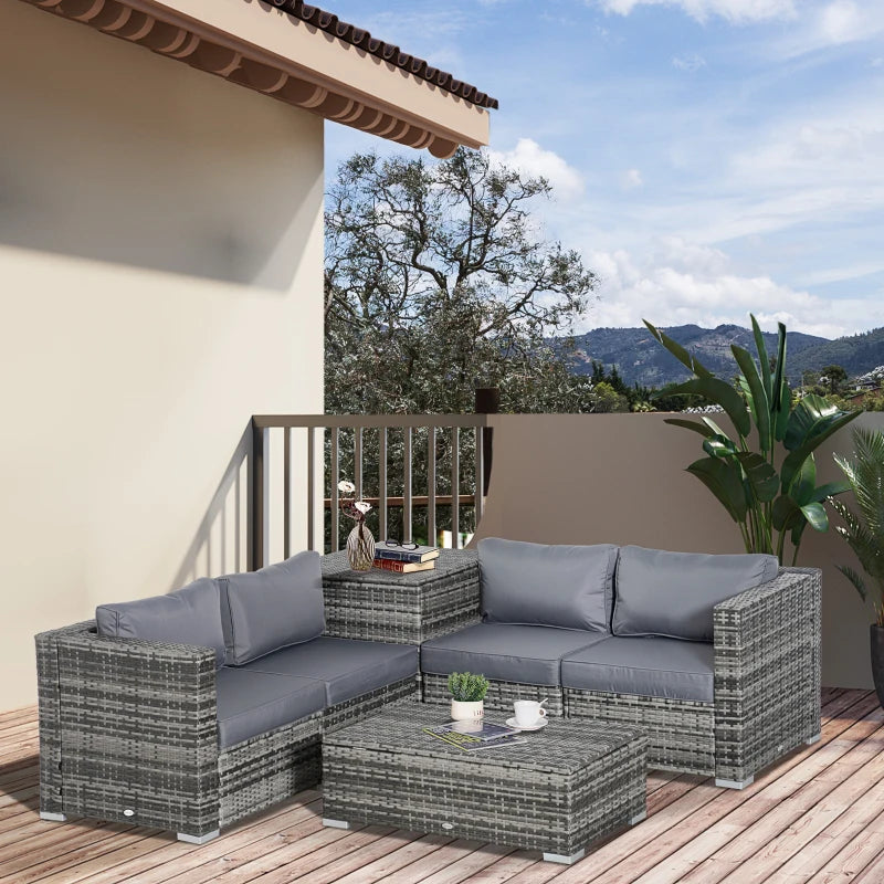 4 Seater Mixed Grey Corner Rattan Sofa With Glass Top Table and Storage Unit