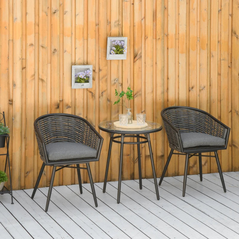 Grey Patio Table With 2 Armchairs & Glass Top Coffee Table