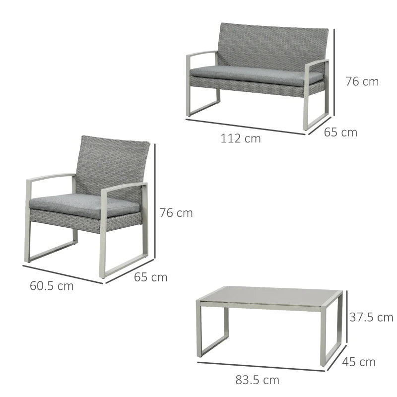 Dark Grey Single Rattan Sofa Arm Chairs and 1 Bench with Cushions & Coffee Table