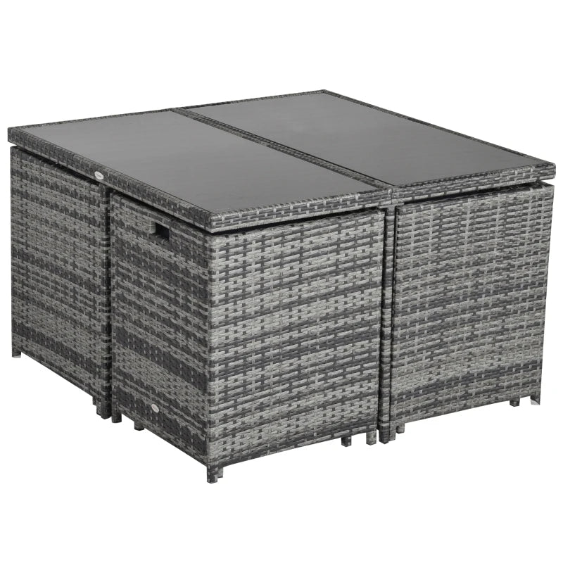 9 Piece Rattan Dining Set With Stylish Black Tempered Glass Table Top