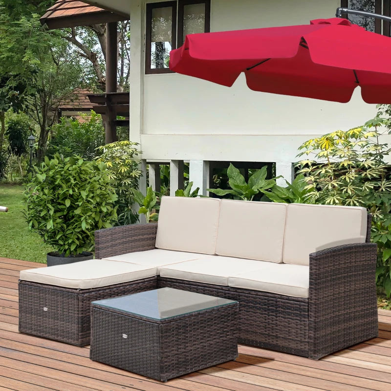 Brown L-Shaped 3 Seater Sofa With White Cushions and Glass Top Coffee Table