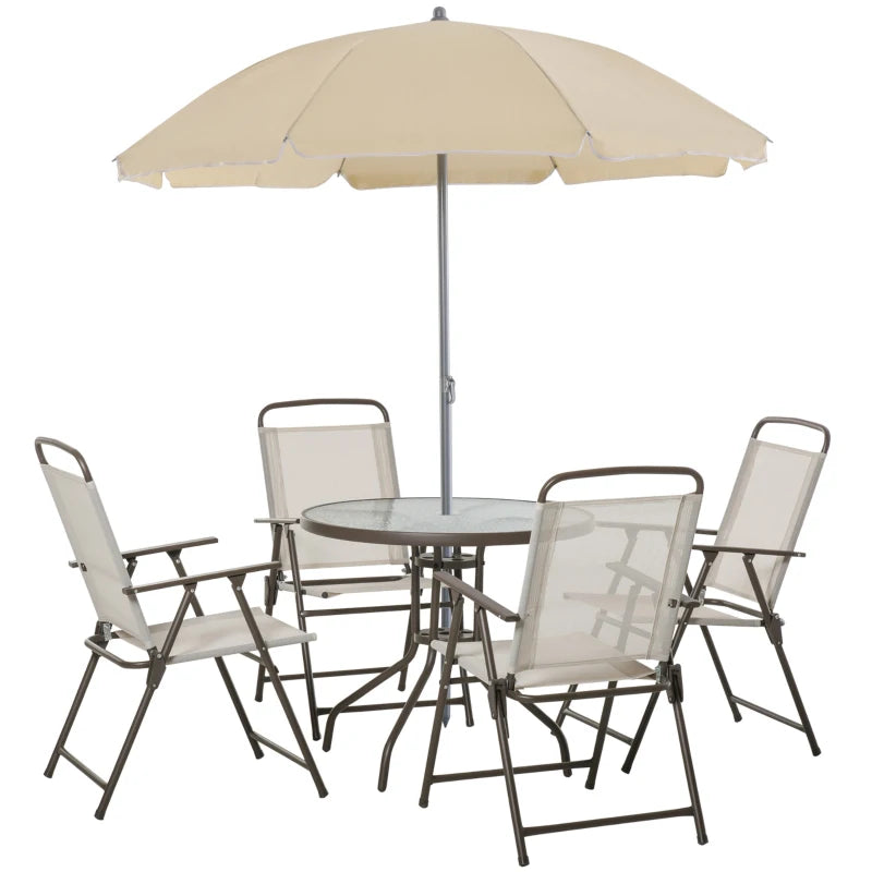 Cream 6 Piece Dining Set With Foldable Chairs & Parasol