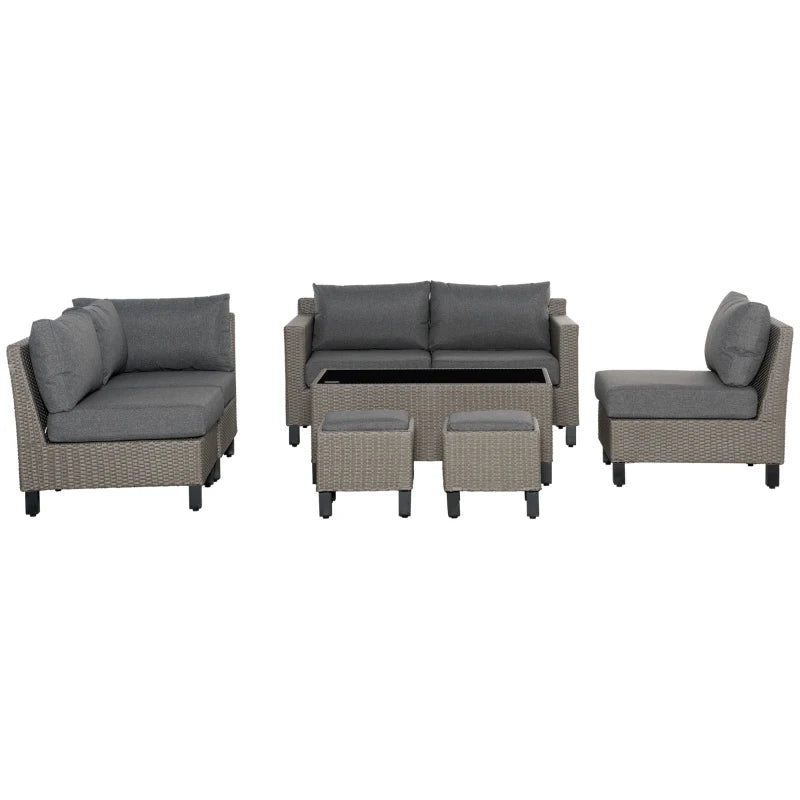 8 Piece Grey Rattan Sofa Set With Tempered Glass Coffee Table & Cushions