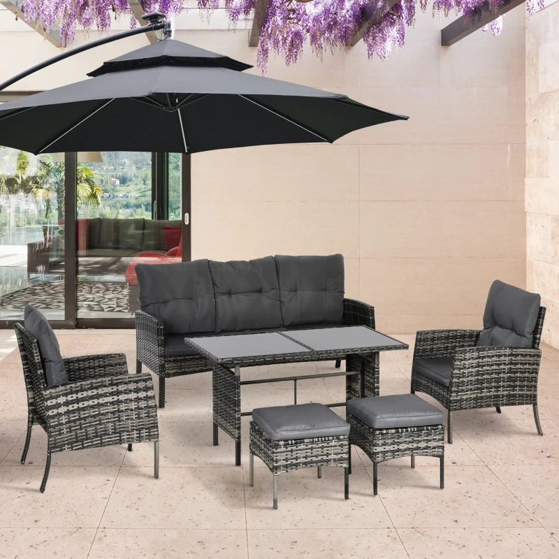 Grey Rattan Furniture Set - 2 Armchairs, 3-seater Wicker Sofa, 2 Footstools and Glass Table