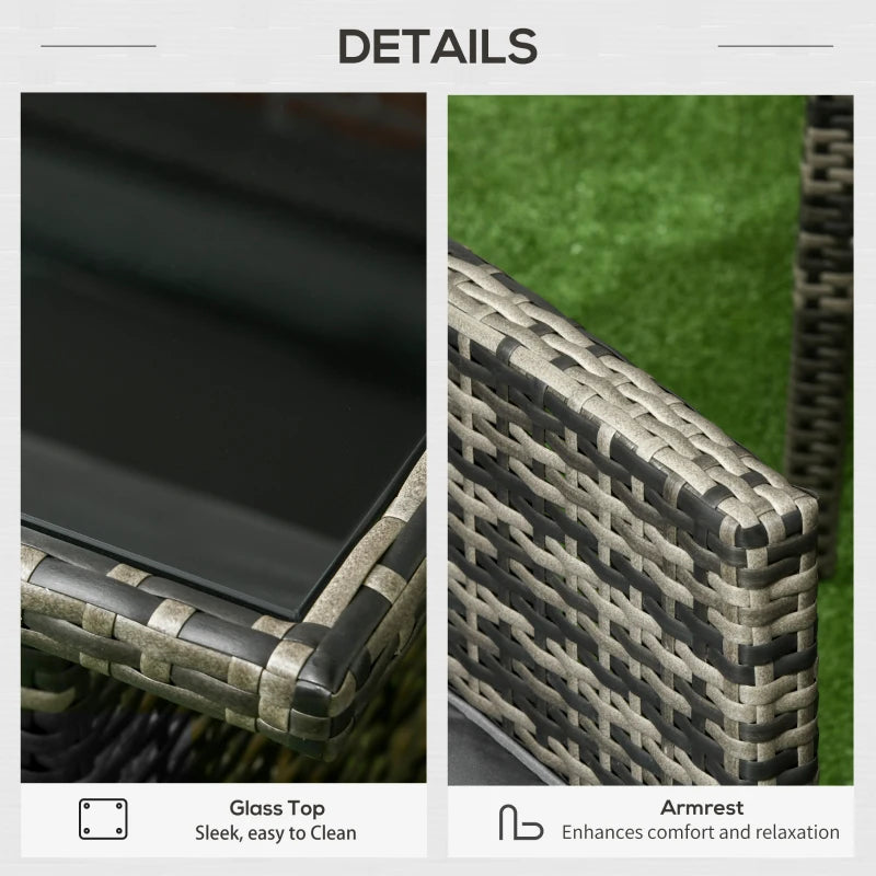 Grey Rattan Furniture Set - 2 Armchairs, 3-seater Wicker Sofa, 2 Footstools and Glass Table