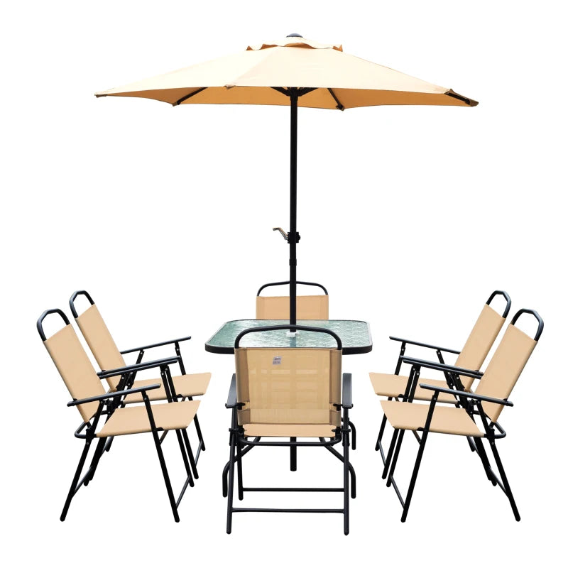 8 Piece Metal Dining Set With Beige Parasol