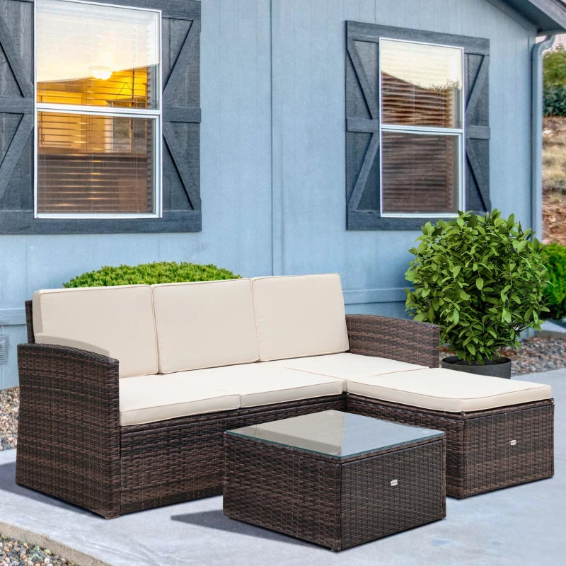 Brown L-Shaped 3 Seater Sofa With White Cushions and Glass Top Coffee Table