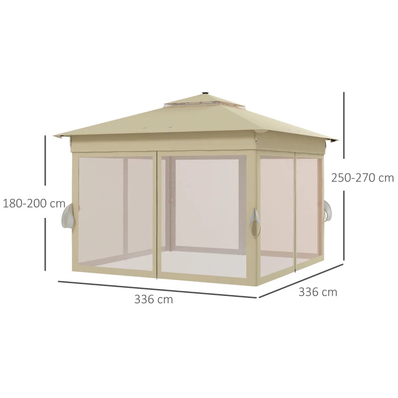 3m x 3m Khaki Pop Up Gazebo with Solar-Powered LED Lights