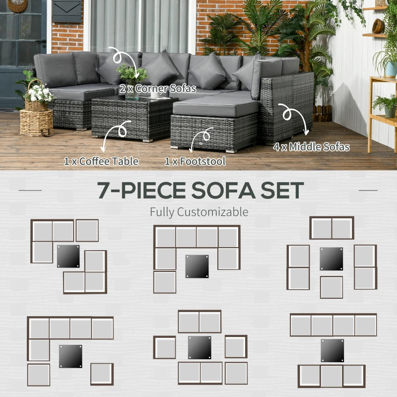Grey 8 Piece Rattan Corner Sofa Set With Washable Cushion Covers & Tempered Glass Table