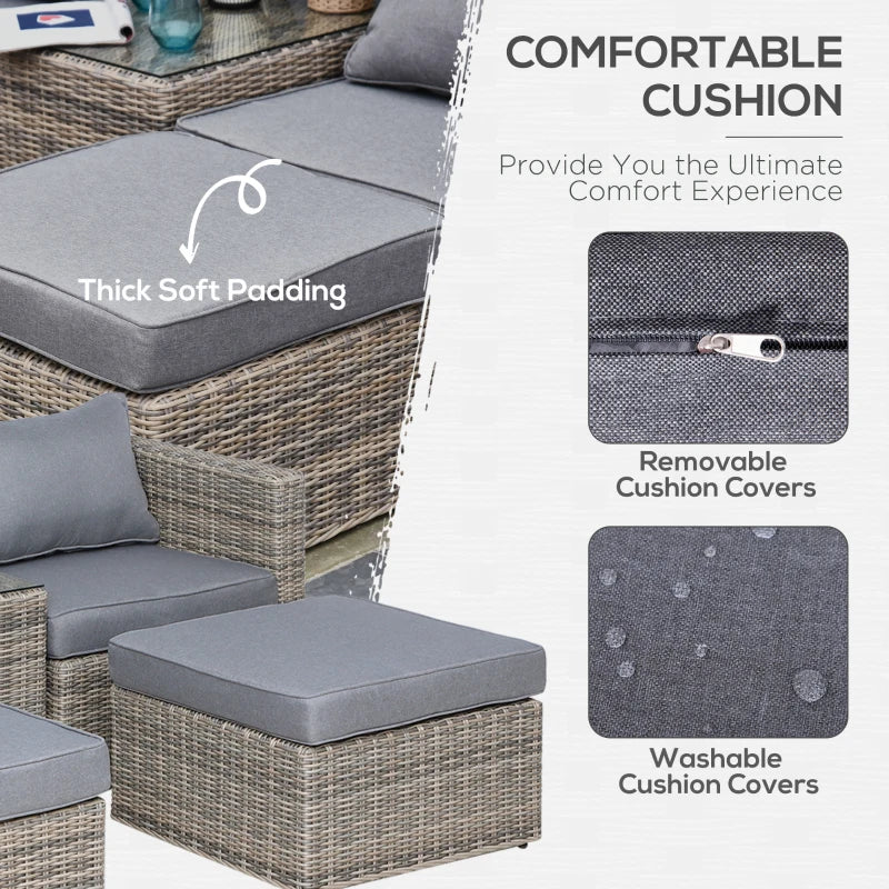 Mixed Brown 5 Piece Rattan Balcony Sofa Set with Corner Armchairs, Ottomans, and Glass Top Table