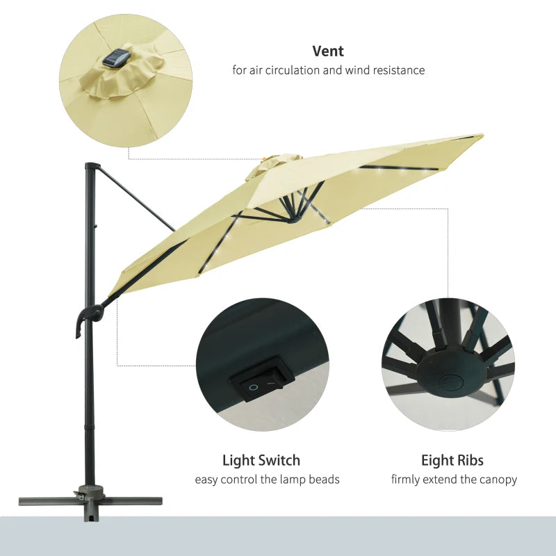 3m x 2.45m Beige Adjustable Cantilever Parasol With LED Lights