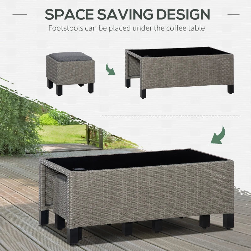 8 Piece Grey Rattan Sofa Set With Tempered Glass Coffee Table & Cushions