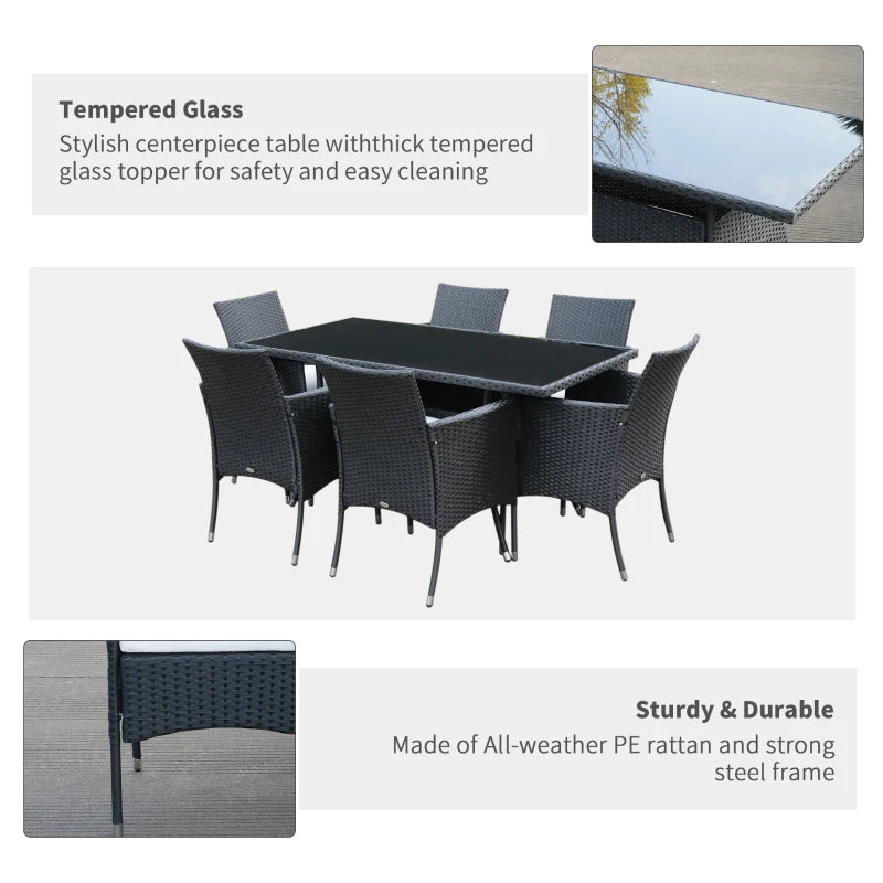Black 6 Seater Rattan Dining Set With 6 Armchairs, Rectangular Glass Top Table, Outdoor Dining Table and Chairs