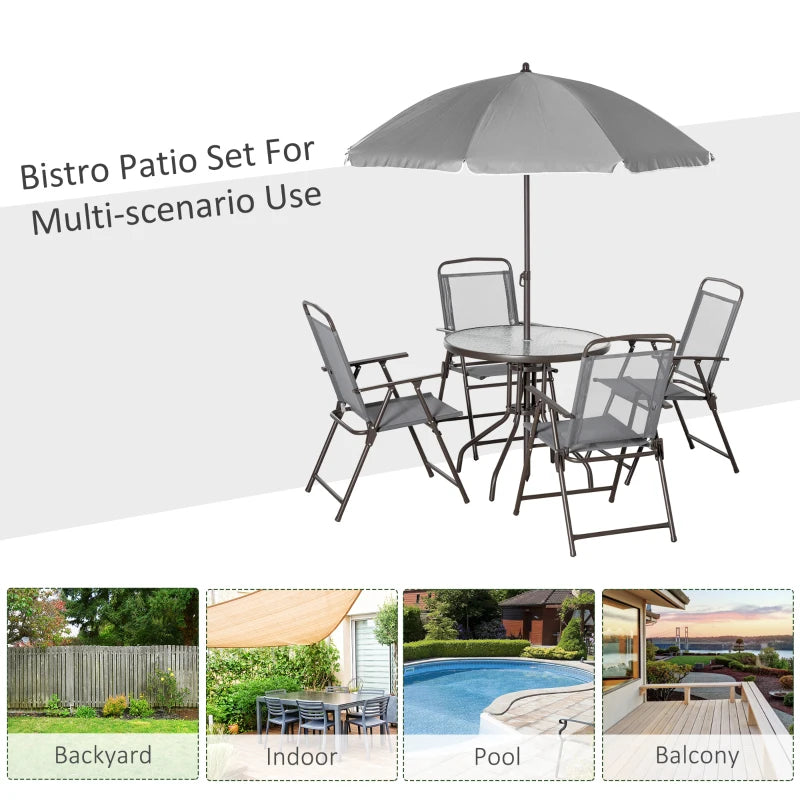Grey 6 Piece Dining Set With Foldable Chairs & Parasol