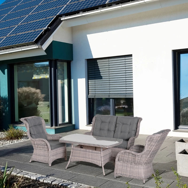 Grey 4 Seater Wicker Furniture Set - High Back Chairs with Cushions, Tempered Glass Coffee Table