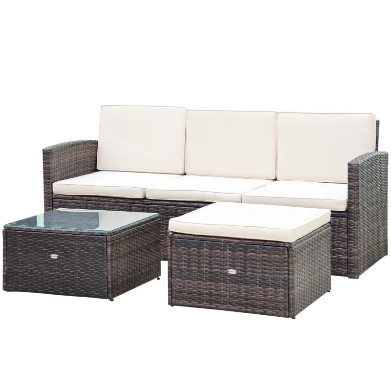 Brown L-Shaped 3 Seater Sofa With White Cushions and Glass Top Coffee Table