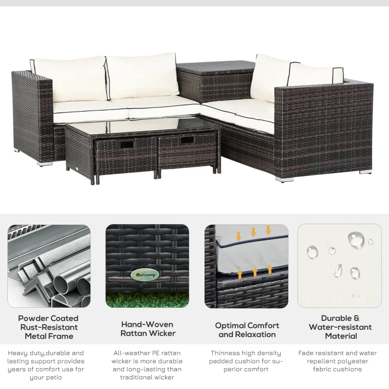 4 Seater Cream Wicker Sofas, Glass Top Table and Storage Unit