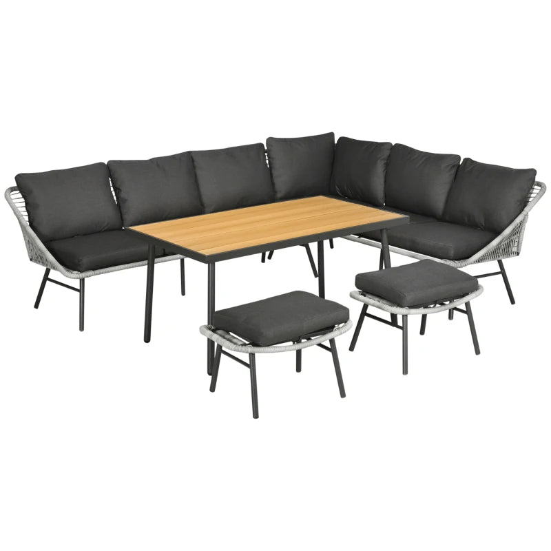 Dark Grey 6 Seater Rattan Furniture Set with Sofa, Footstool and Wood-Plastic Coffee Table