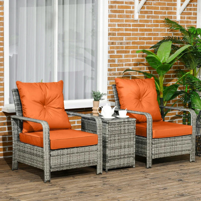 Mixed Grey Rattan Bistro Set With Orange Cushions and Storage Table