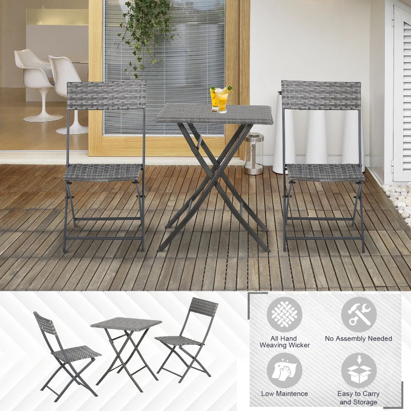 Grey 2 Seater Foldable Rattan Bistro Set With Square Table