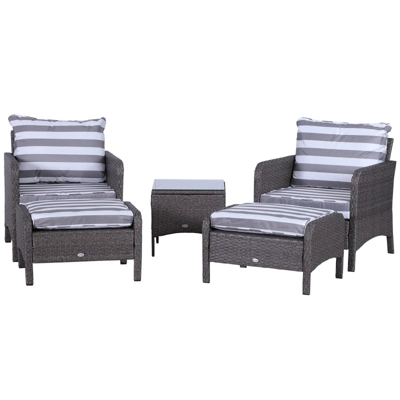 Dark Grey 5 Piece Rattan Set With 2 Armchairs, 2 Stool and Glass Top Table - Striped Grey Cushions