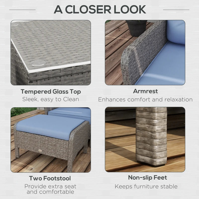 Blue 5 Piece Rattan Chair Set - 2 Armchairs & 2 Stools With Glass Top Table