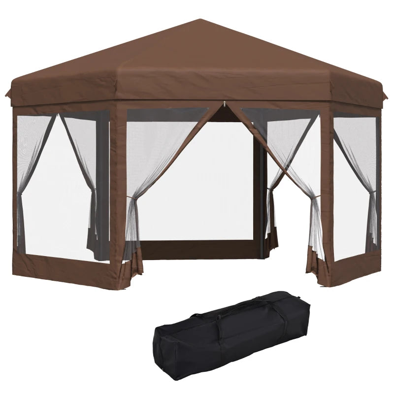 Brown 3m x 3.5m Hexagonal Pop Up Gazebo - Bag Included